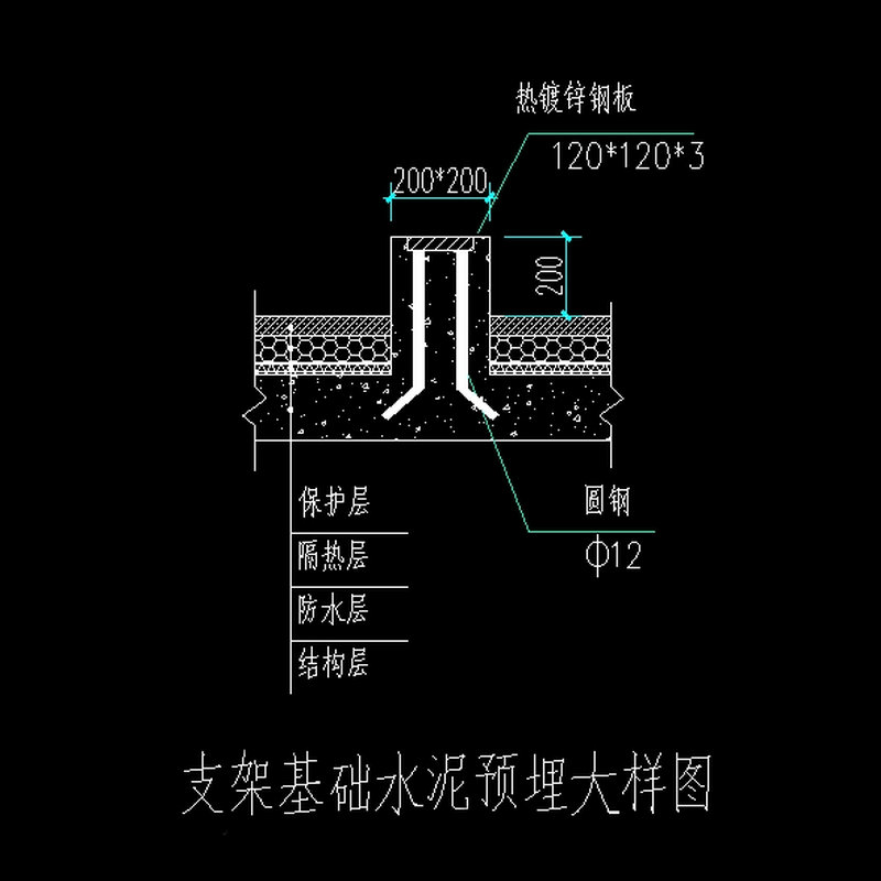 商用太陽能集熱器安裝支架基礎(chǔ)水泥預埋大樣圖